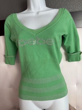 bebe vintage Lime Green V-Neck Rhinestone Logo Sweater large! New without tags